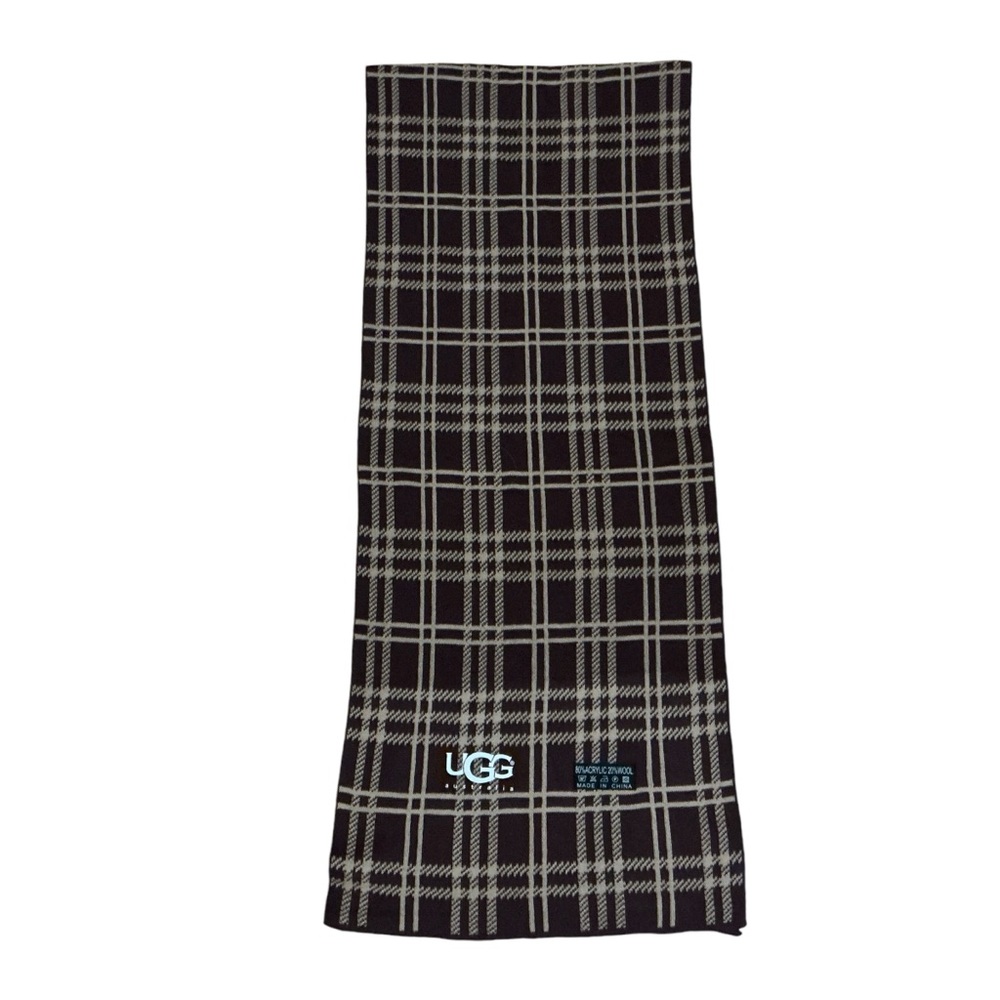 Ugg brown checkered plaid wool knit scarf 66x12